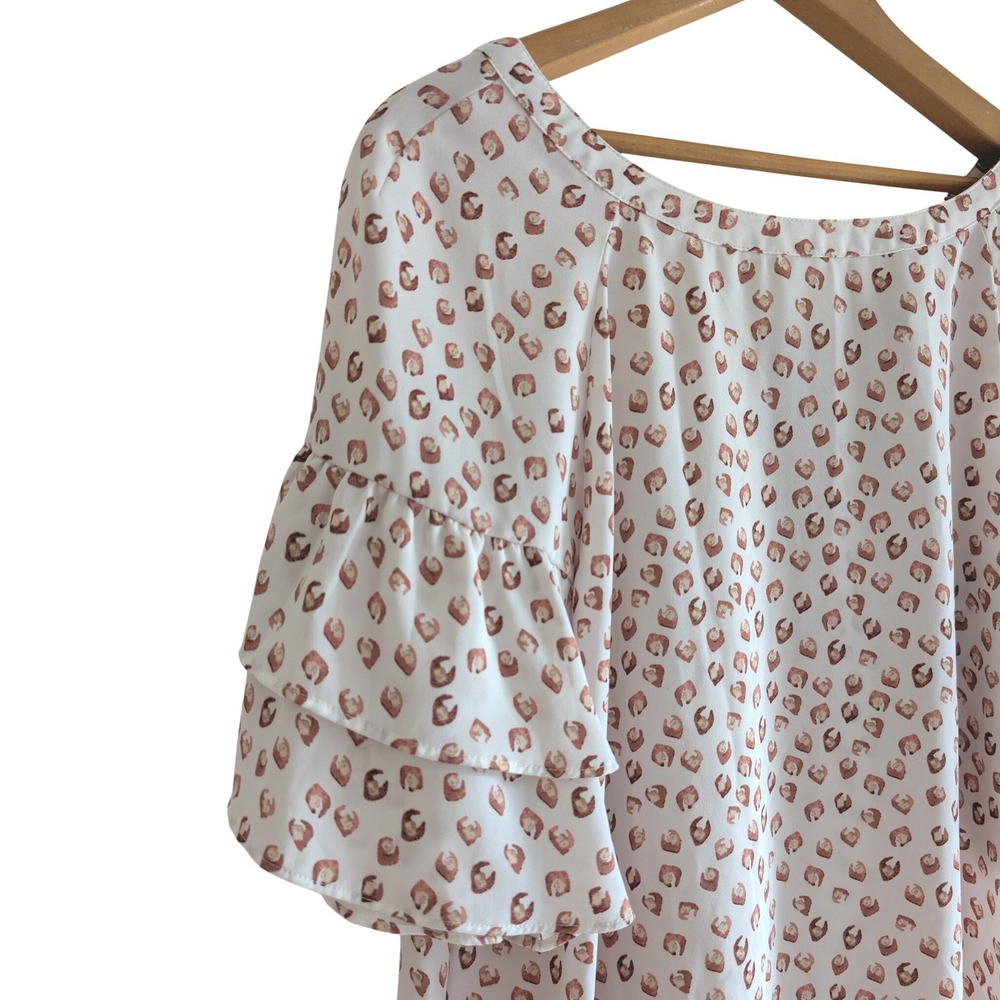 Loft Outlet Womens Large White Terracotta Animal Print Tie Neck Ruffle Blouse